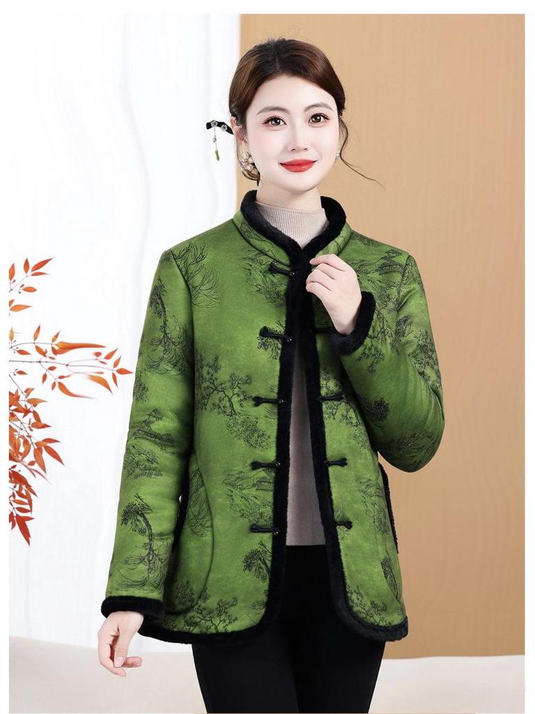 New Women's Velvet Cotton Jacket - Mid-Aged Winter Outerwear with Frog Buttons, Padded and Thickened for Warmth, Chinese Style