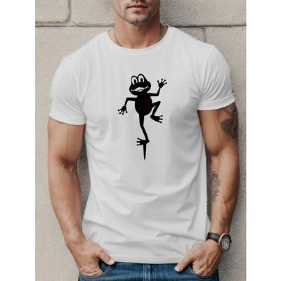 Men's Cute Frog Print Short Sleeve T-Shirts, Comfy Casual Elastic Crew Neck Tops For Men's Outdoor Activities