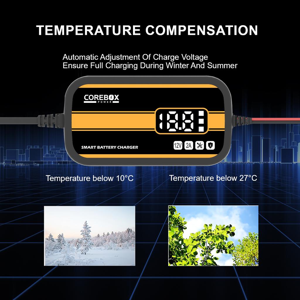 Lead Acid AGM Gel Charger Intelligent Car Motorcycle Battery Charger with LCD Display for Car/RV/ATV/Boat 12V 2A Automatic