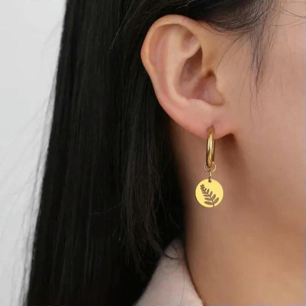 RSAMD Leaves Round Pendant Drop Earrings Women Stainless Steel Hoop Earring Jewelry-Round Gold Color