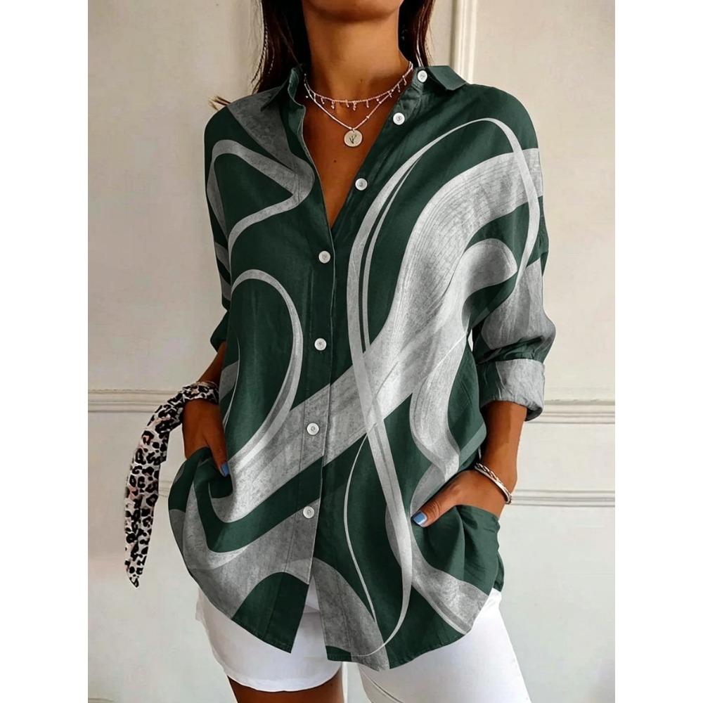 Women's Long Sleeve Abstract Swirl Print Button Down Casual Shirt Elegant Daily Blouse Tops in Red Black for Spring Summer