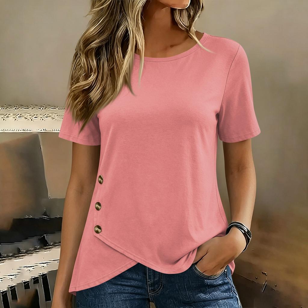 Women's Solid Color Short Sleeve Crew Neck T-Shirt with Button Detail Casual Lightweight Top for Everyday Wear
