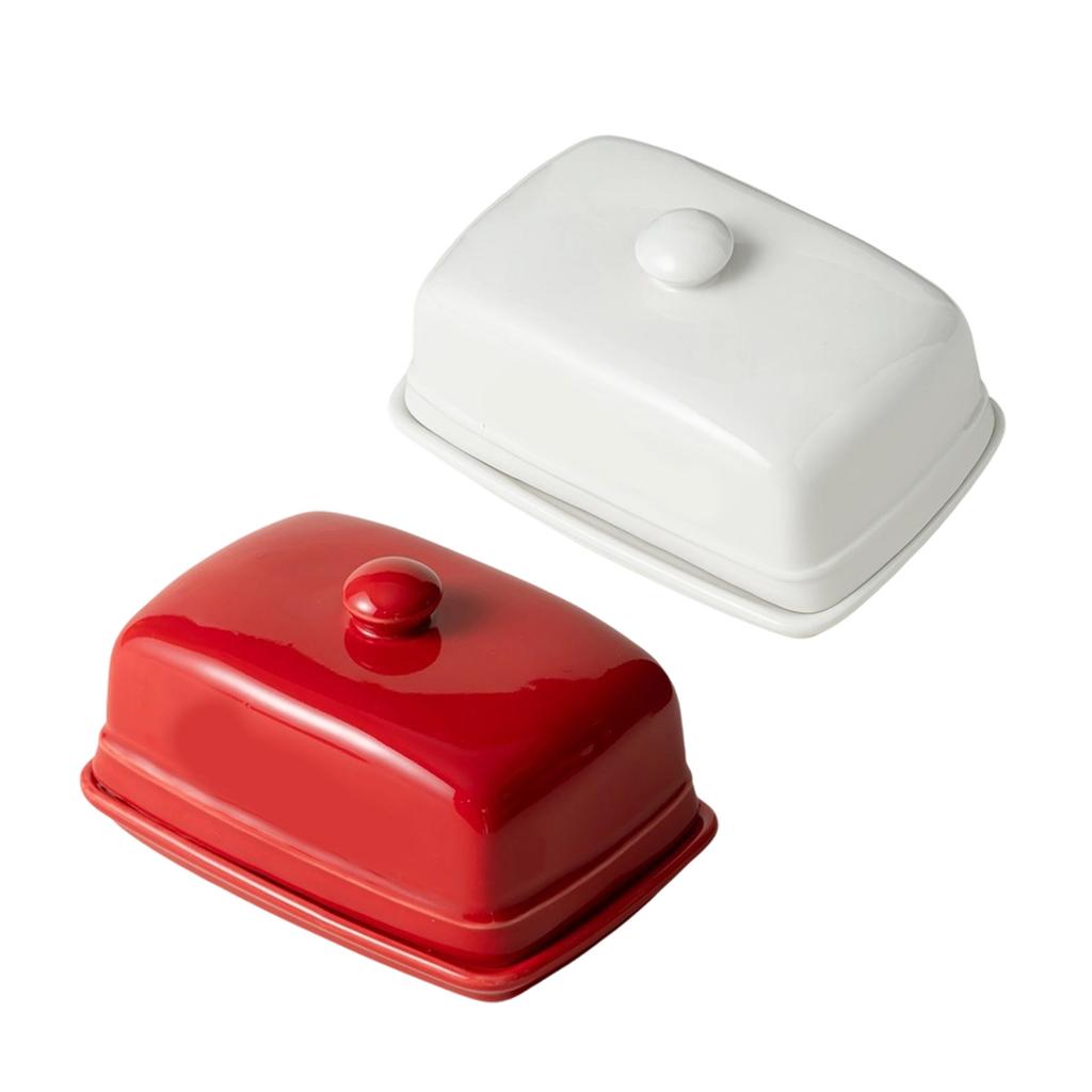Porta burro in ceramica di forma rettangolare moderna con finiture lisce, vassoio da portata multiuso adatto per frigorifero di cucina