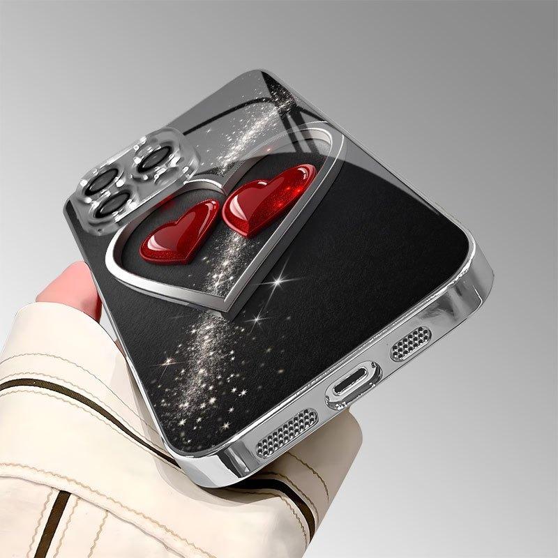 Cute Love Heart Print Tempered Glass Electroplated Phone Case For iPhone 17 16 15 14 13 12 11 Pro Max 14 Plus 16E 17 Air Cover