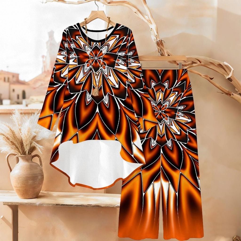 Distressed Floral Print Two Piece Outfit Women Long Sleeve Irregular Hem Tunic Top Wide Leg Pants Casual Matching Set