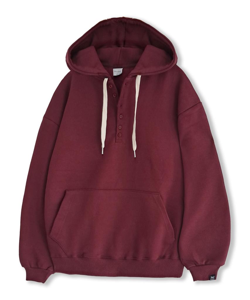 D13 (Fleece-Lined) Plain Henley Neck Hoodie_Wine
