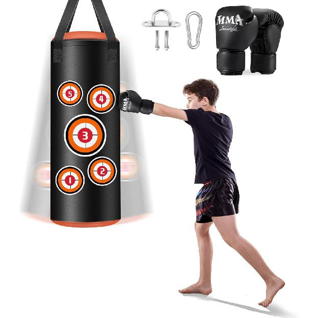 Hanging Punching Bag for Kids, 2FT PU Leather Kicking Bag with Boxing Bag Gloves, Heavy Bag Boxing Equipment for Training Karate Muay Thai Kick
