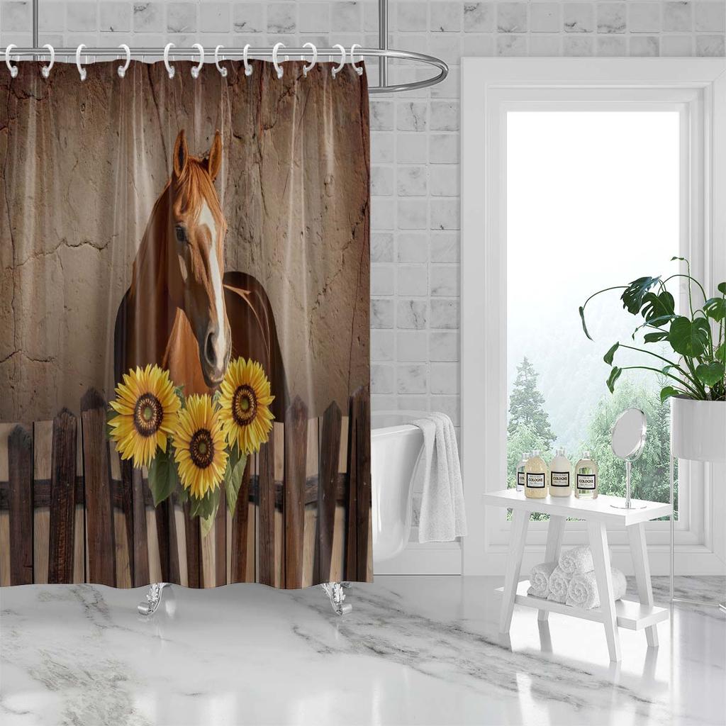 1PC Farm Horse Pattern Printed Shower Curtain, Rural Life Style, Waterproof, with 12 Hooks, Bathroom Showers, Bathtub, Home Use