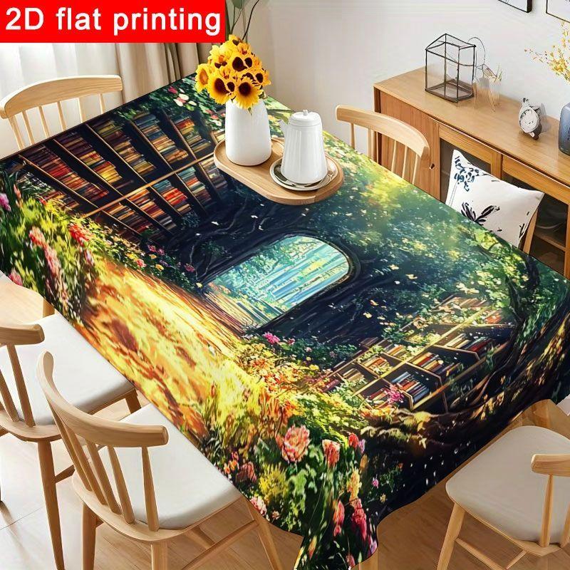 1pc Enchanting Forest-Themed Tablecloth - Lush Green Rectangular Polyester with Magical Library Design, Reusable & Easy to Clean for Outdoor Gathering