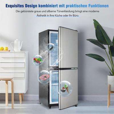 Kühlschrank 106L Energiesparender Mini-Kühlschrank, 60L Kühlschrank und 46L Gefriergerät, 7 Temperatureinstellungen, Haushalts Silberfarbene Tür, Schwarzer Körper,