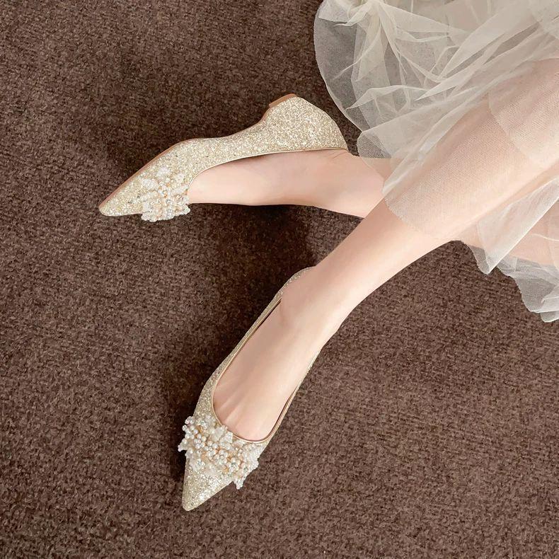 Sequined Flat-soled Heightening Wedding Shoes 2025 Xiuhe Main Wedding Dress Two Wear Crystal Bridal Shoes with Dress French Bridesmaid Shoes