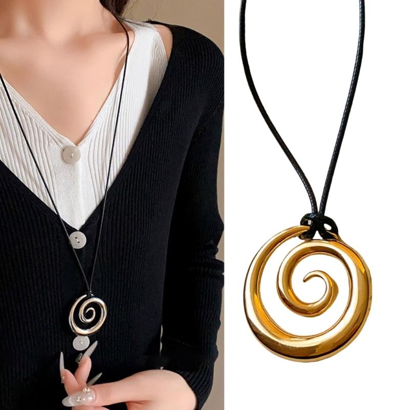 Elegant Autumn Winter Metal Hollow Round Pendant Necklace Adjustable Sweater Chain Alloy Texture Present for Women Girls