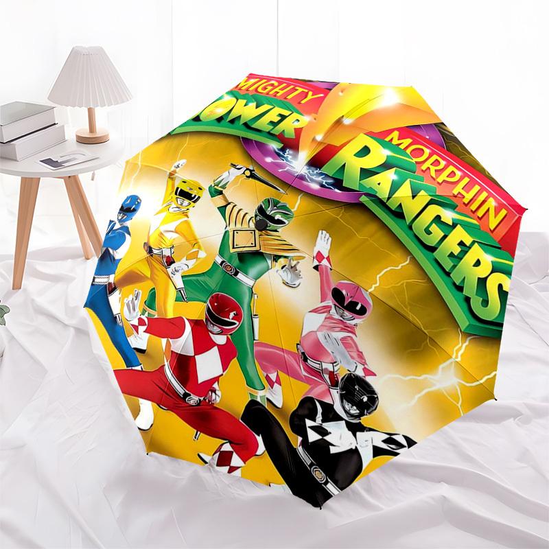 1pc Mighty Morphin Power Rangers Automatic Folding Umbrella - Portable 3-Fold Design with 8-Bone Iron Frame - Outdoor for Fans, Travelers, Everyday Us