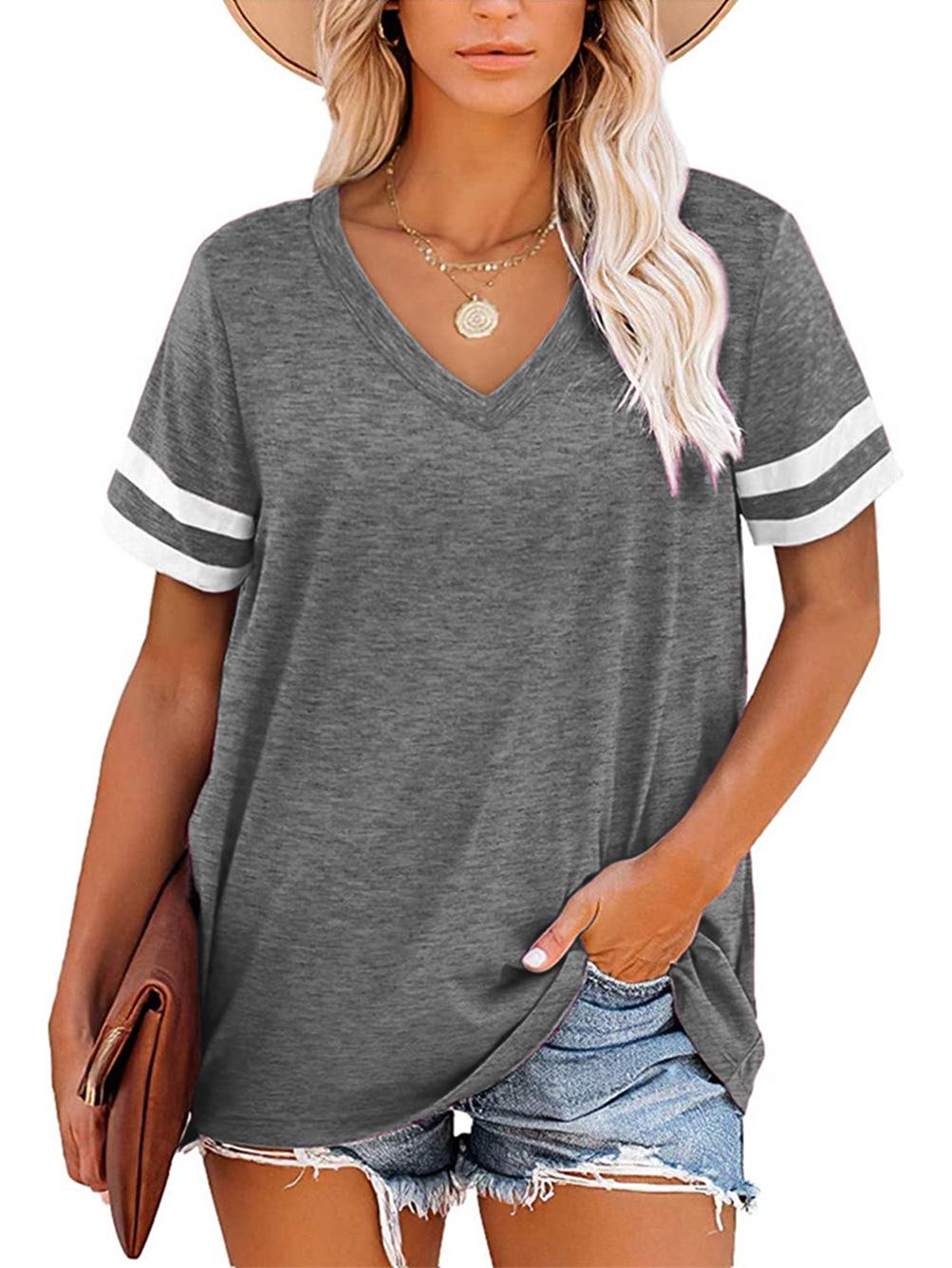 

Women s V-neck Color Block T-shirt: 2022 Summer Short Sleeve Loose Casual Top XL серый