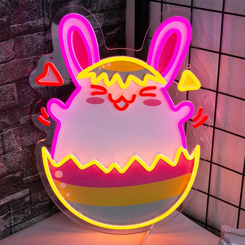 Happy Easter Neon Sign Easter Bunny Neon Light for Wall Decor, USB Powered & Dimmable LED Easter Window Lights for Kids Gifts Bedroom Party