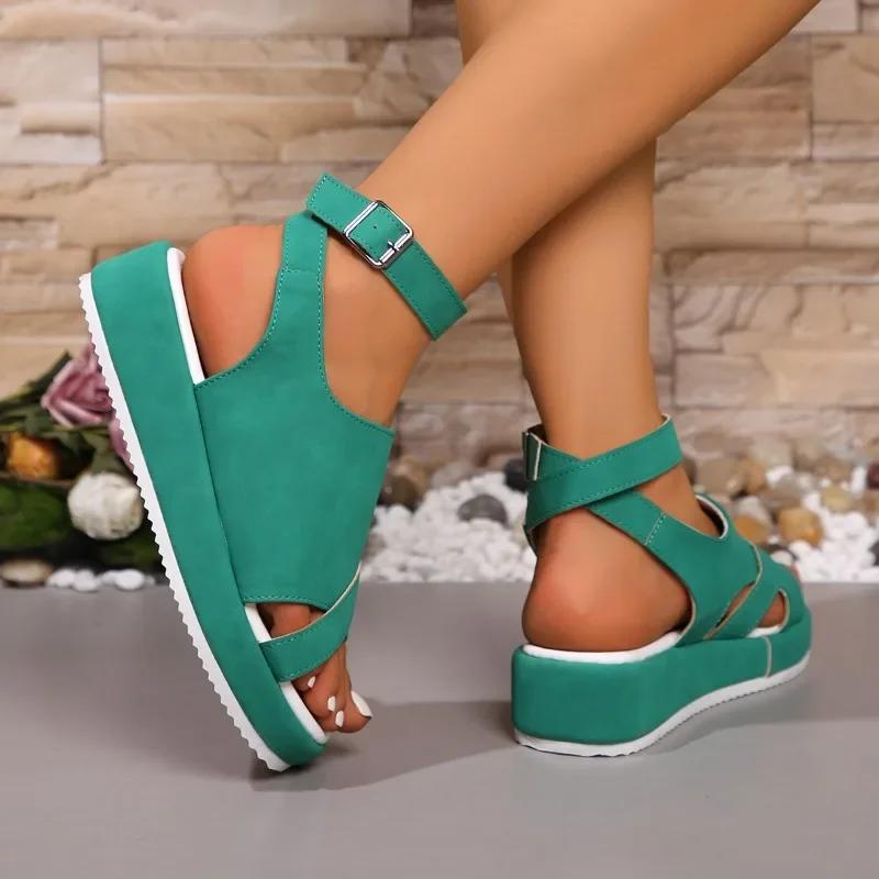 Women Large Size Rome Sandals Platform Casual Round Toe Ankle Buckle Strap Ladies Summer Shoes Comfortable