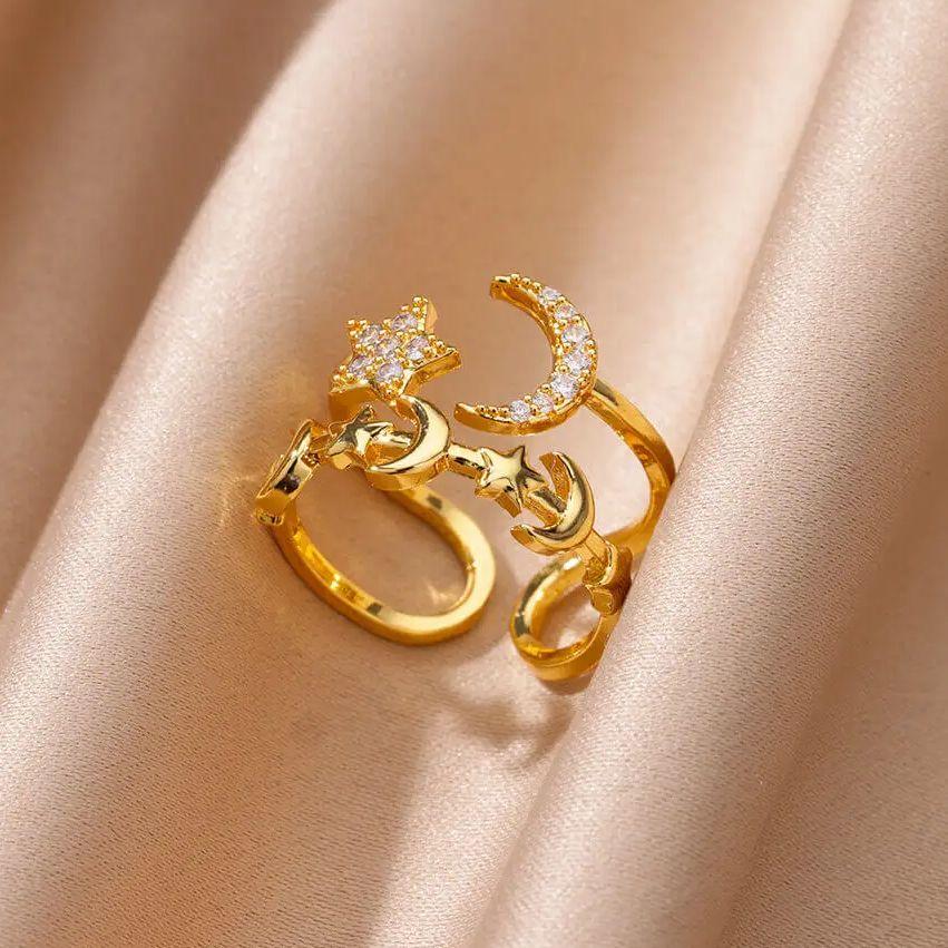 Zircon Star Moon Rings For Women Gold Adjustable Stainless Steel Moon Star Ring Wedding Aesthetic Party Jewelry Gift BFF