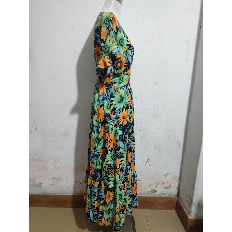 Women's Bohemian Vacation Style Printed Deep V Short-sleeved Dress Cinched Waist Beach Dress