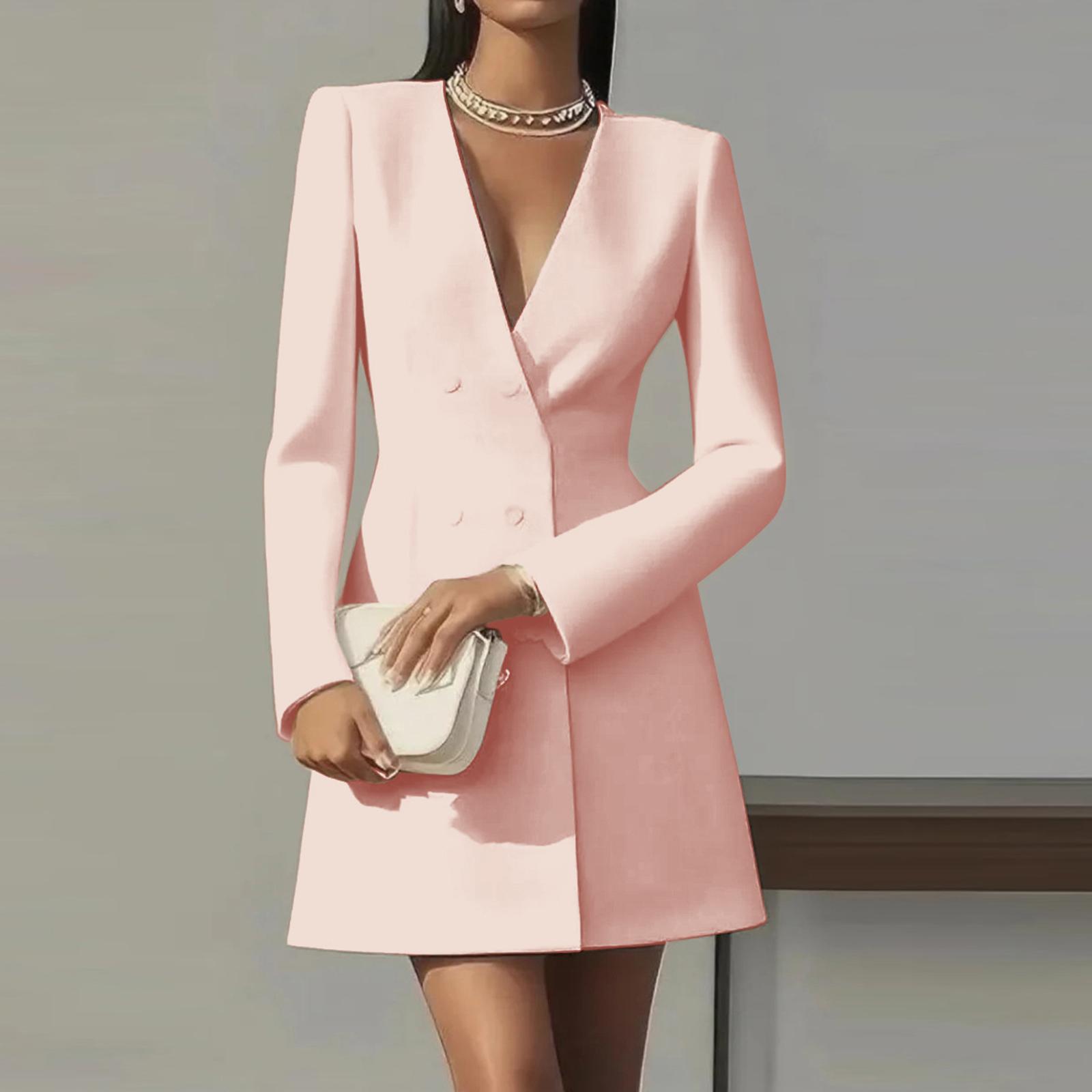 

Женская модная элегантность однотонное платье-костюм в французском стиле с длинными рукавами, двубортное, с V-образным вырезом XL розовый