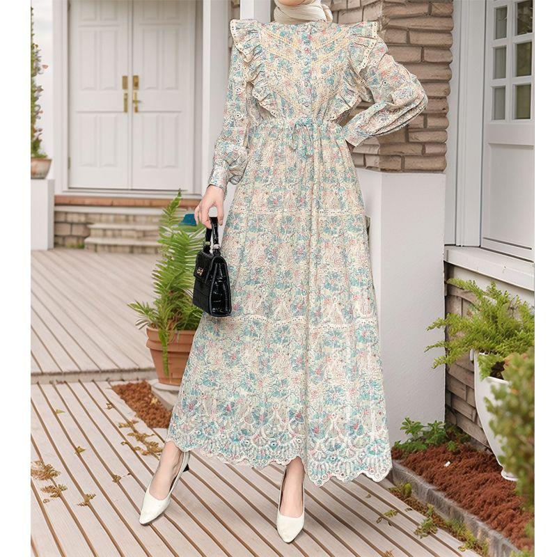 2025 Middle East New Hollow Embroidery Frill Patchwork Lace Floral Foreign Trade Robe Dress Dress