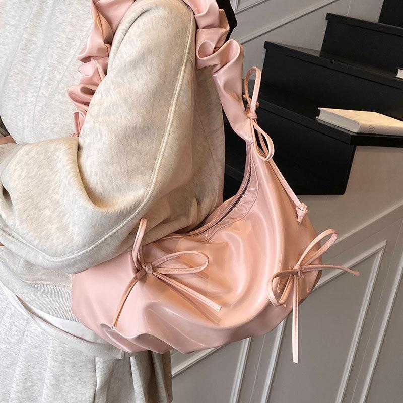 Spring and summer explosion ins French sweet ballet style bow tote women's bag casual versatile pleated feeling single shoulder oblique