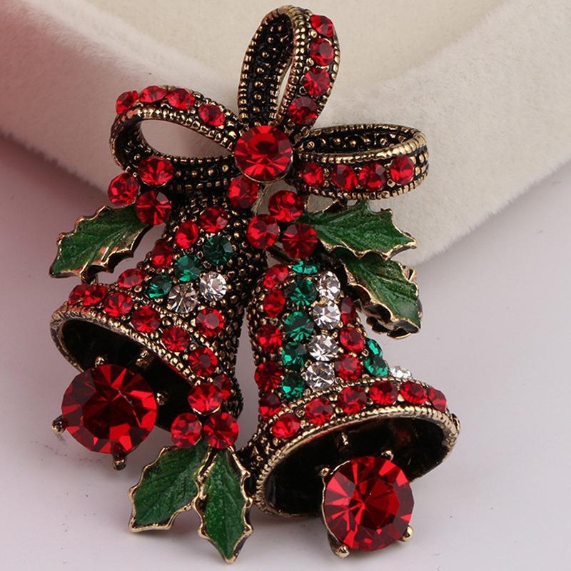 Vintage Christmas Bowknot Double Bells Brooch Pins with Green Leaves and Colorful Rhinestones Creative Gift Suit c Corsage for Women