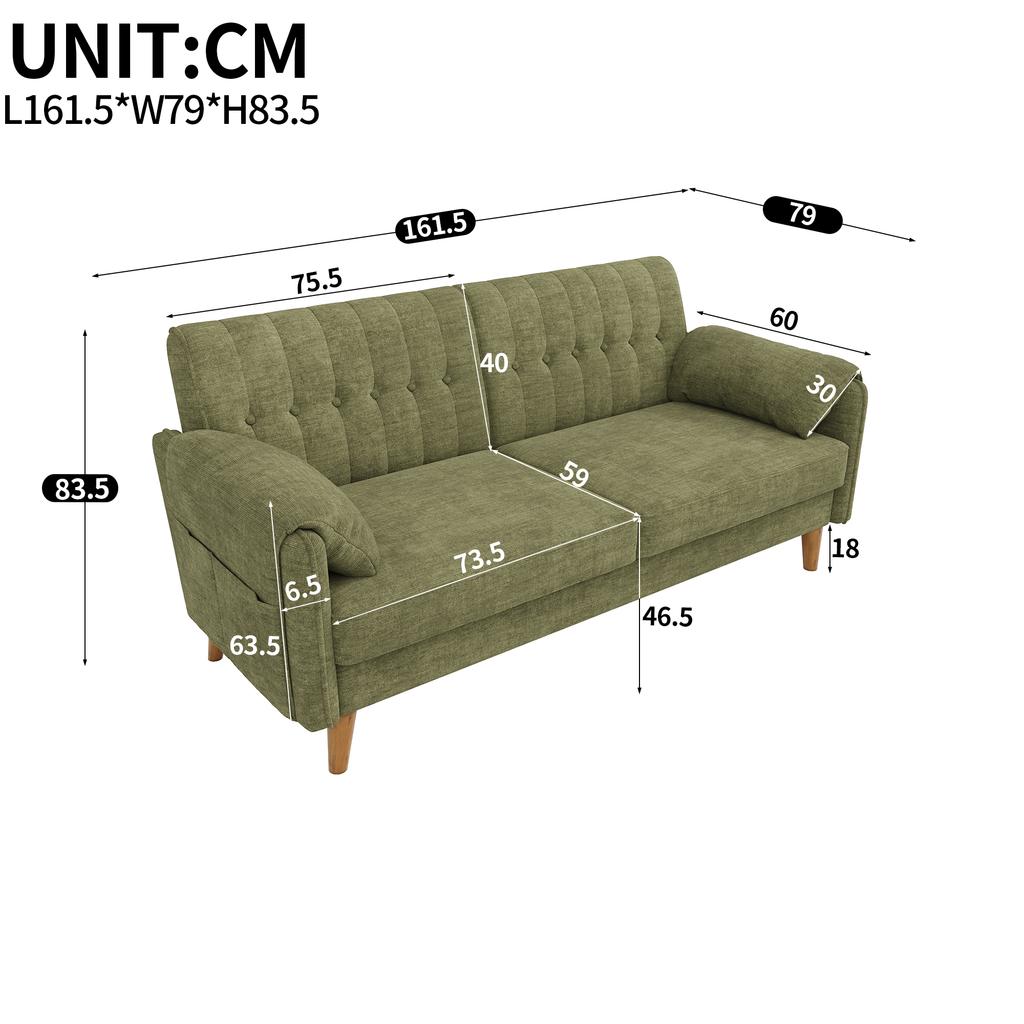 Modern 2-Seater Sofa In Chenille with Thick Seat Cushion, Tufted Backrest, 2 Armrest Cushions, Side Pockets; Solid Wood Legs, Easy To Assemble, Green