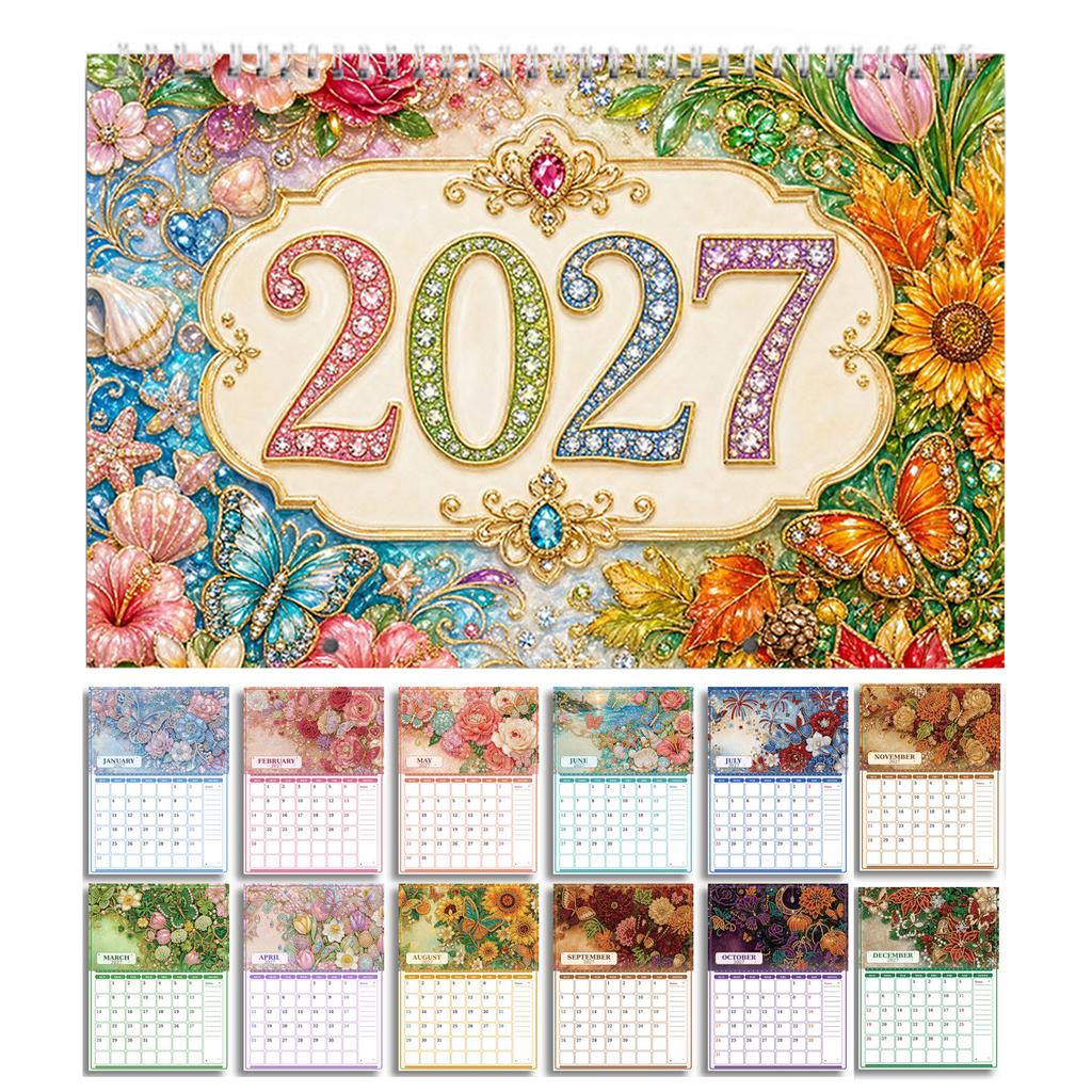 2027 DIY Diamantmalerei Kalender für Erwachsene Blumen Diamantkunst Kalender Edelstein Malerei Kunst Wände Datum für Heim Büro Dekoration