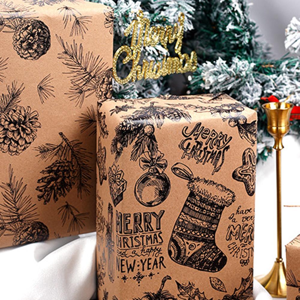 3m/Rolle Weihnachtspapier, Schwarze Kiefernzapfen Weihnachtsbaumglocke Weihnachten Dekoration Rollenverpackung Kraftpapier