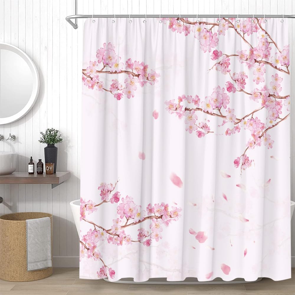 

Cherry Blossom Shower Curtain Pink Plum Flower Asian Japanese Aesthetic Black Bathroom Decor Curtains Set With Hooks W60H190(CM)-1 Pcs