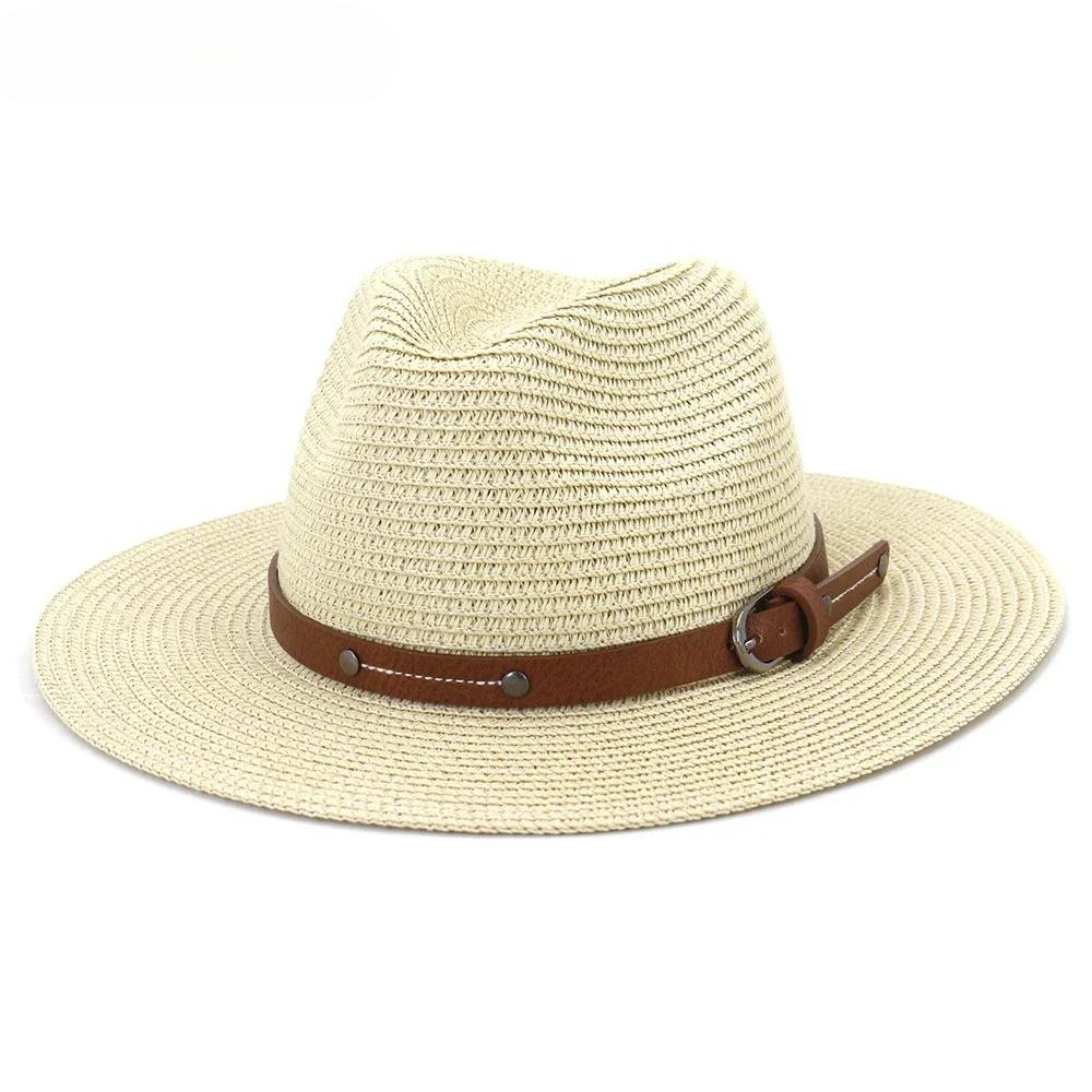 Navy Panama Hat Straw Summer Hats for Women Men Fedora Wide Brim Belt Decorate Male Female Jazz Sombrero Cap Black Pink New