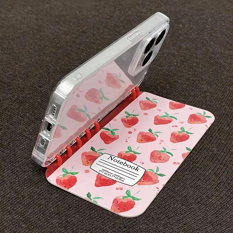 Cute Strawberry Fruit Flip Phone Case For iPhone 17 Air 16 15 14 13 12 11 Pro Max Plus Coil Notebook Shape Shockproof Cover