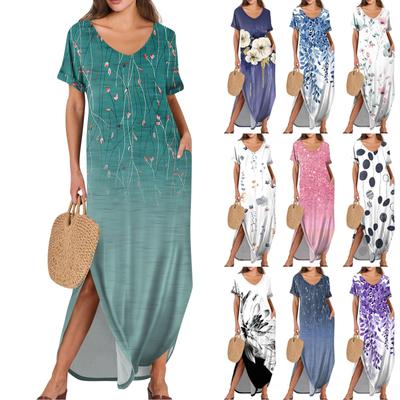 Damen Sommerkleid V-Ausschnitt Kurzarm Strandkleid Maxikleid Lang Kleider Casual Loose Fit Elegant Sommerkleid