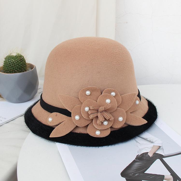 Wool Bucket Hat Ladies Autumn And Winter Leisure Basin Hat Fashion Bead Flower Felt Top Hat