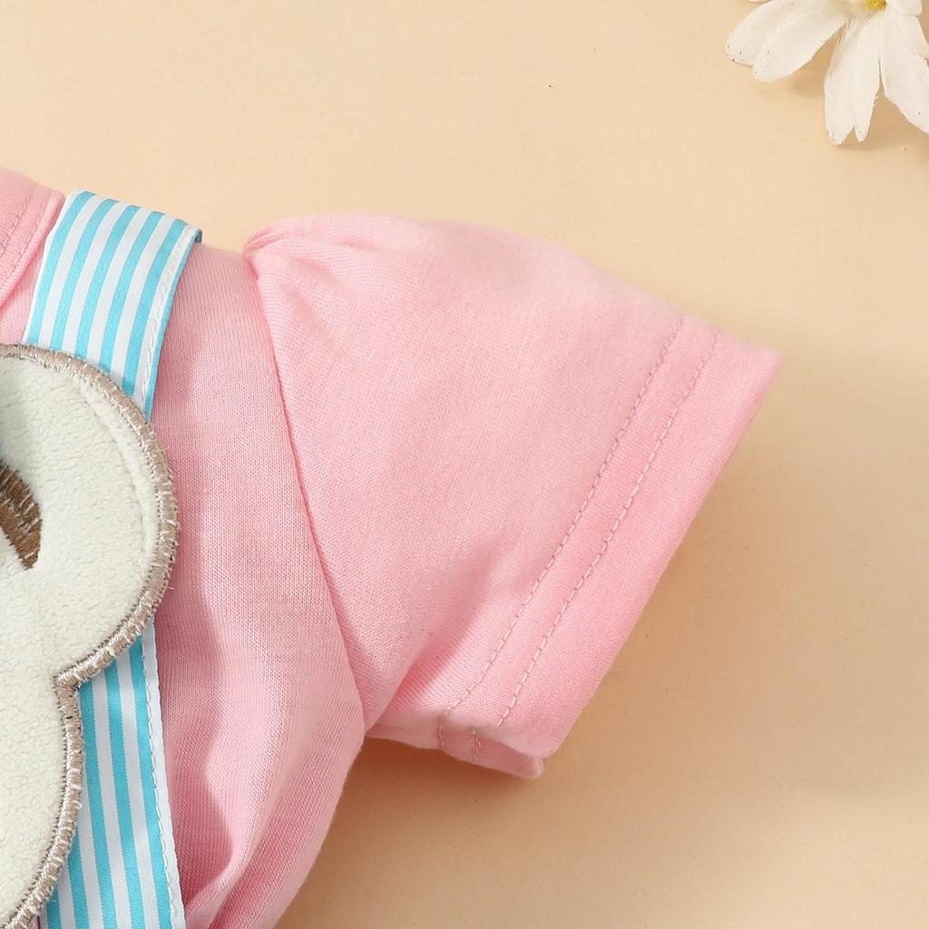 Baby Girls Summer Romper Dress 3 6 9 12 18 Months Short Sleeve Crewneck Bear Embroidery Romper with Headband