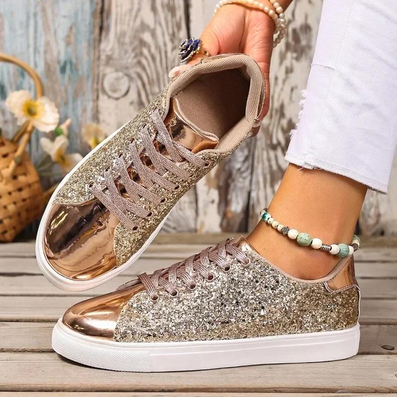Fashion Women's Casual Sneakers Soft Sole Versatile New Round Toe Lace-Up Front Sequin Non-Slip Flat Single Shoes