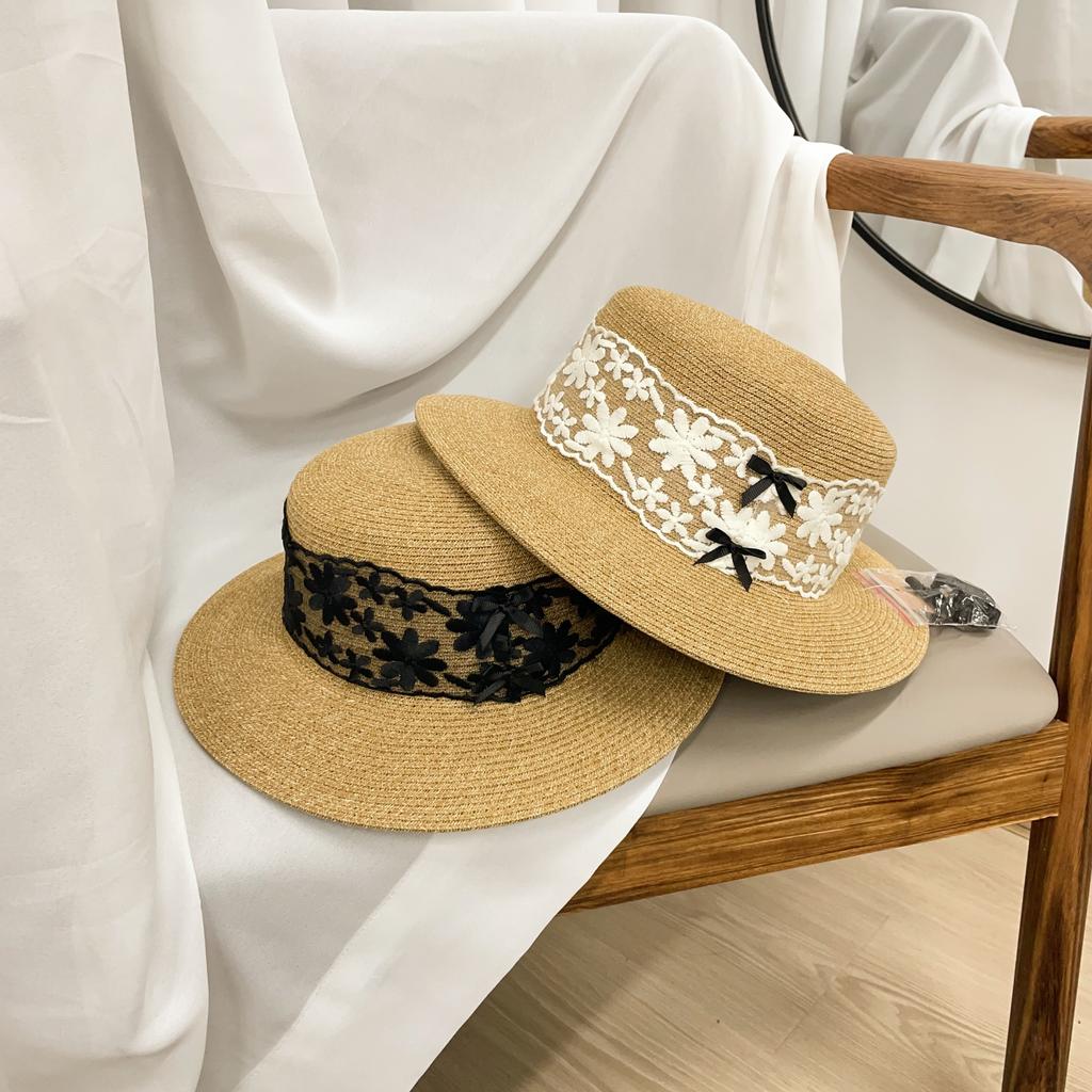 Stråhatt dam sommar solskydd solhatt retro spets liten brätte platt topphatt strandsemester topphatt