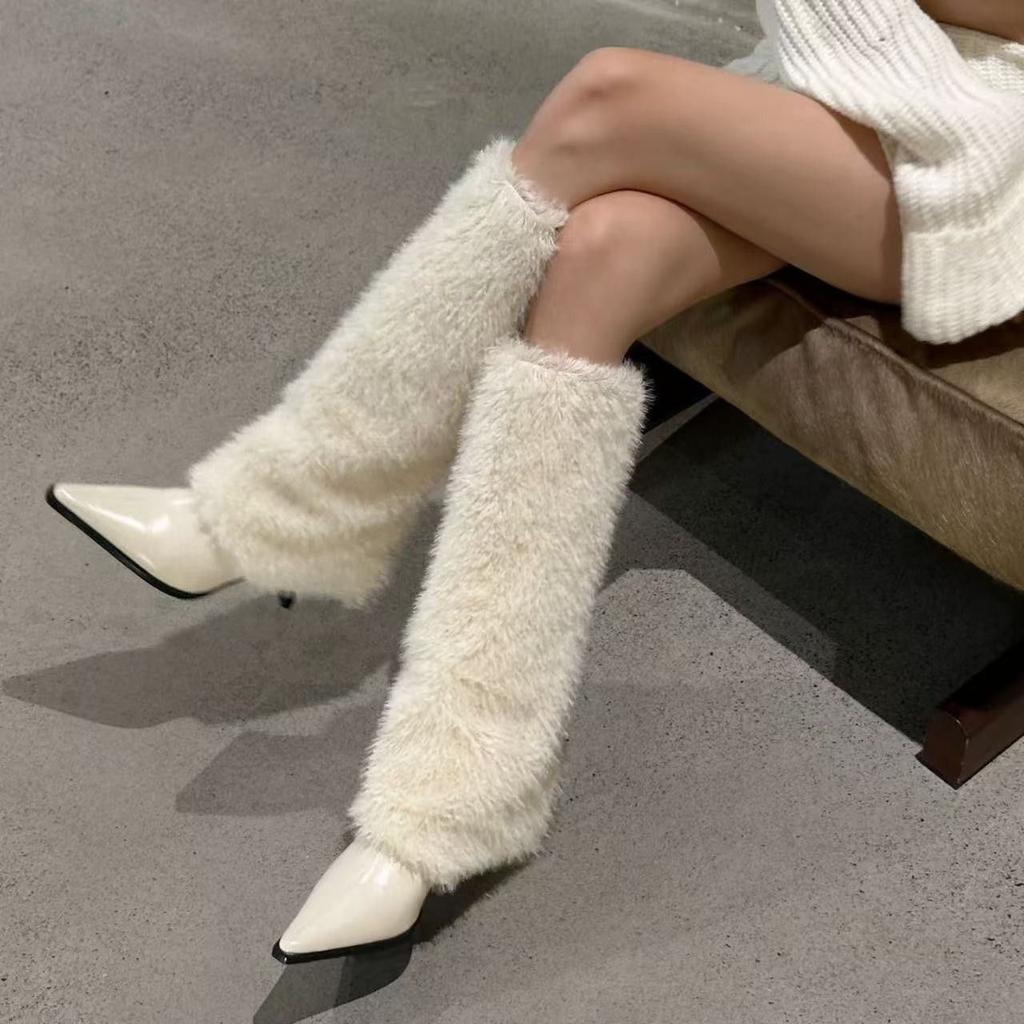 Long Boots Good-looking White High-heeled Boots Fluffy Winter Feeling Spice Girl European and American Pointed Knees But New Senior Children