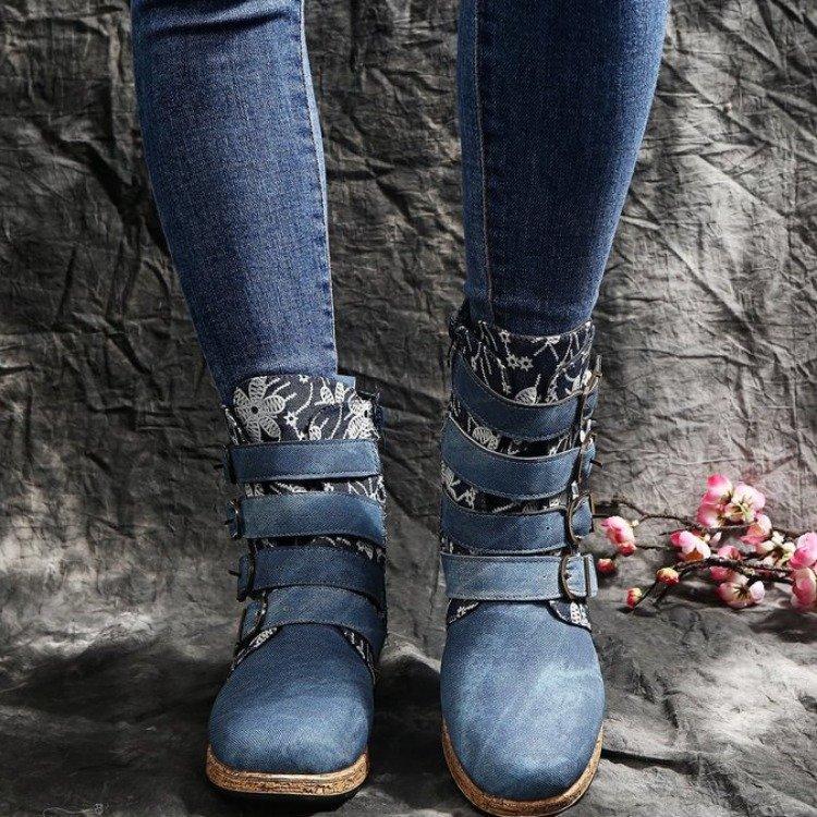 Large size printed metal buckle fashion boots autumn and winter new thick-soled round head going out women's boots