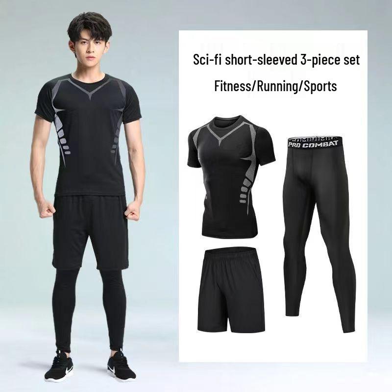 Pánské rychleschnoucí sportovní oblečení z ledového hedvábí s těsným střihem: Set s krátkým rukávem a pětibodovými kalhotami na letní fitness a běh