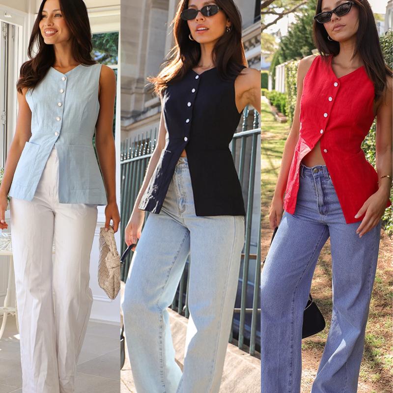 Women's V Neck Sleeveless Vest Slim Fit Casual Blazer Style Top Solid Color Single Breasted Waistcoat
