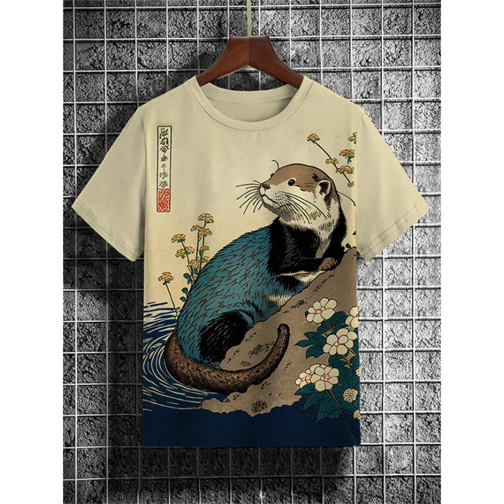 Japanese Style Samurai Cat Graphic T Shirt For Men Causal 3D Printed O Neck Short Sleeve Tees Outdoor Oversize Men Clothing Tops