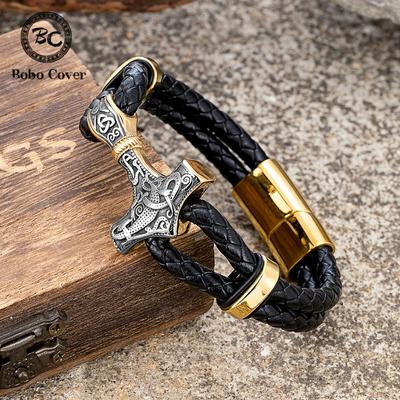 Retro Wikinger Thors Hammer Lederarmbänder Herren Punk Nordische Mythologie Mjolnir Edelstahl Anker Armband Handgefertigter Schmuck