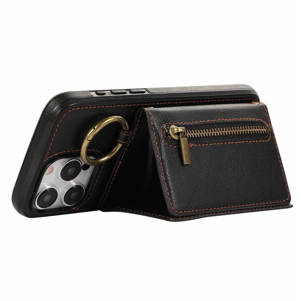 For iPhone 15 Pro Max Leather Back Cover Zipper Wallet Kickstand Phone Case with Shoulder Strap