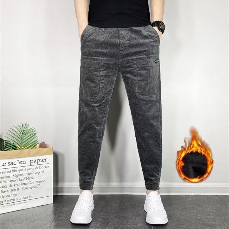 Men's Autumn Winter Thermal Comfortable Corduroy Pants Youth Elastic Waist Straight Leg Pants