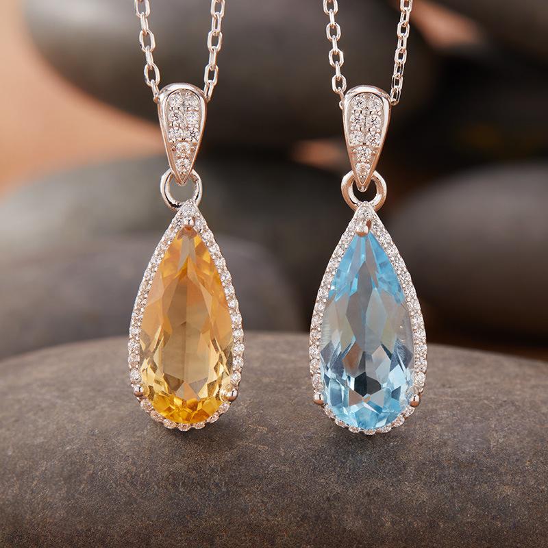 Naturlig Topas Citrin Halsband Damset S925 Sterling Silver Färgade Smycken Personlig Vattendroppe Form