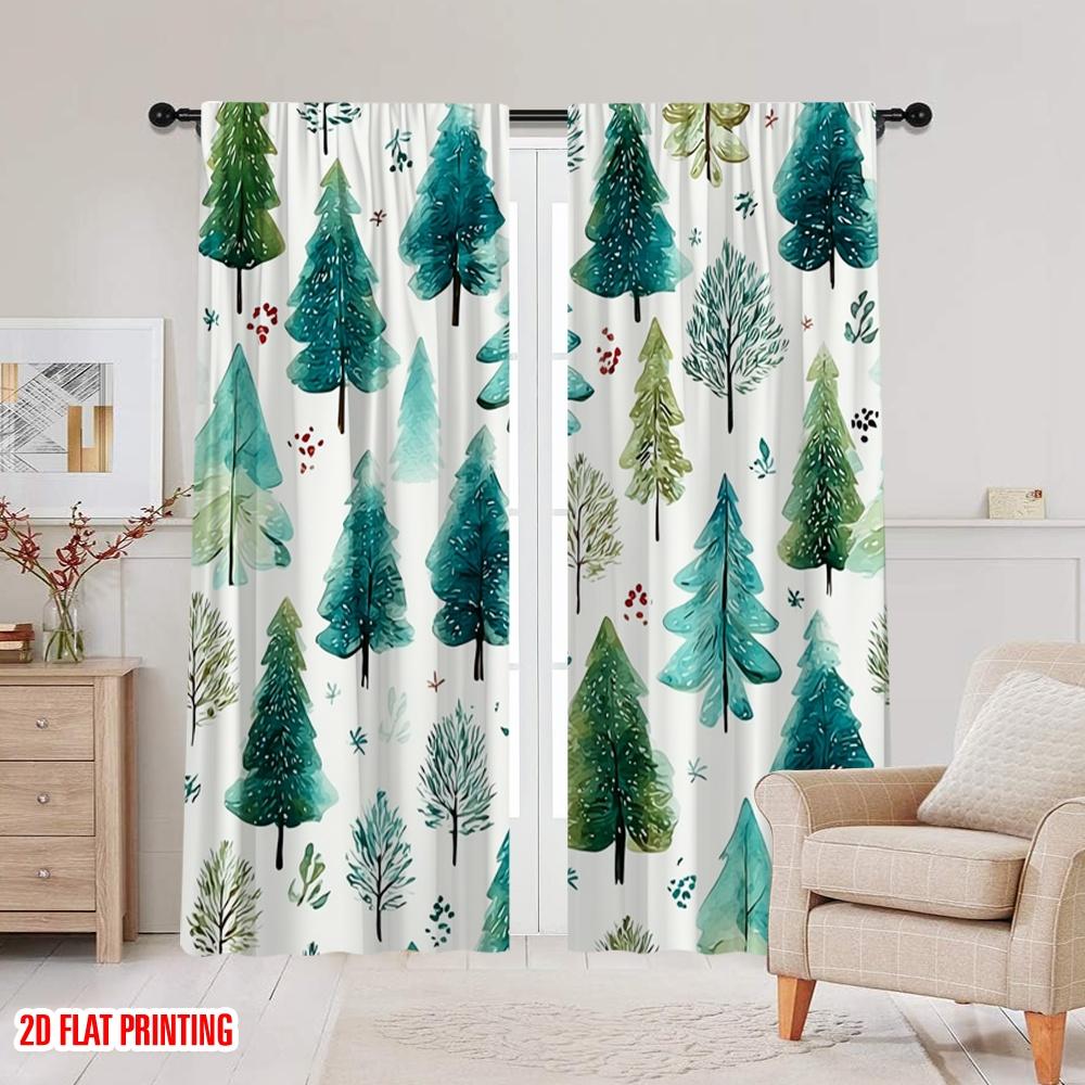 2pcs 2D flat printing St Patrick's Day Window Drapes Watercolor Christmas Tree Design 100% Polyester Without Electricity Festive
