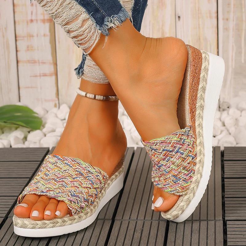 Fashion Fashion Mix Color Woven Sandals Women 2025 Summer Wedge Heel Bohemian Sandals Woman Lightweight Platform Sandles Plus Size 36-43