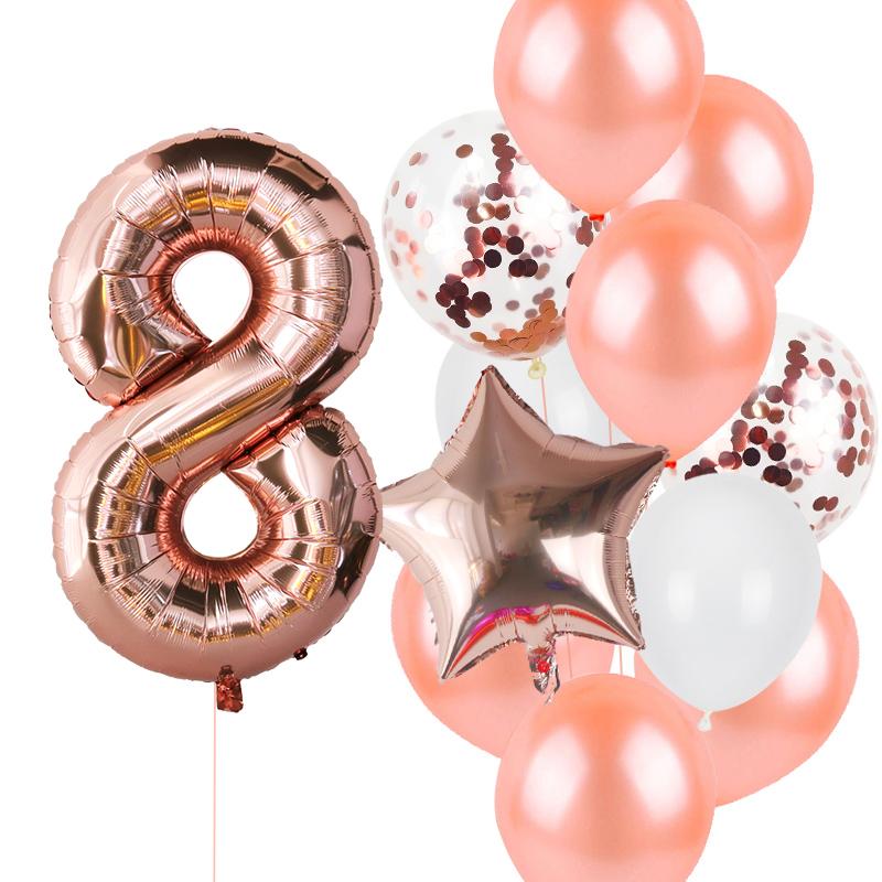 12pcs Rose Gold Number Foil Balloons Birthday Party Decoration Kids 1st First Baby Girl Princess 1 2 3 4 5 6 7 8 9 Years Old