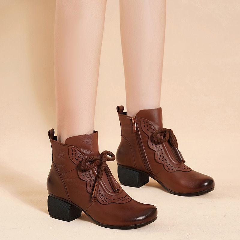 Fashion Elegant with Medium Heels Round Toe Ankle Boots for Women Leather Fleece-Lined Woman Short Shoes Autumn Winter New Rock Booties